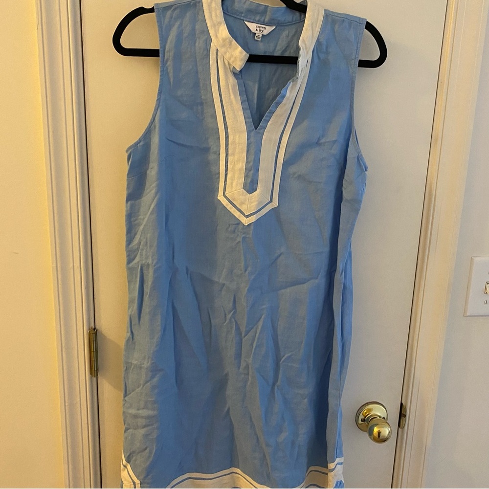 Crown & Ivy Blue A-line Mini Dress with White detailed trims